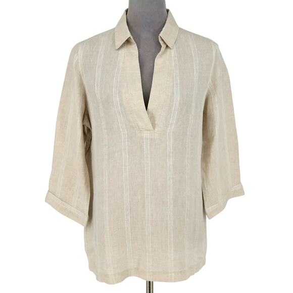 Tahari Top Womens Small Beige Linen Blouse Lightweight Pullover Resort Beach - Picture 1 of 11